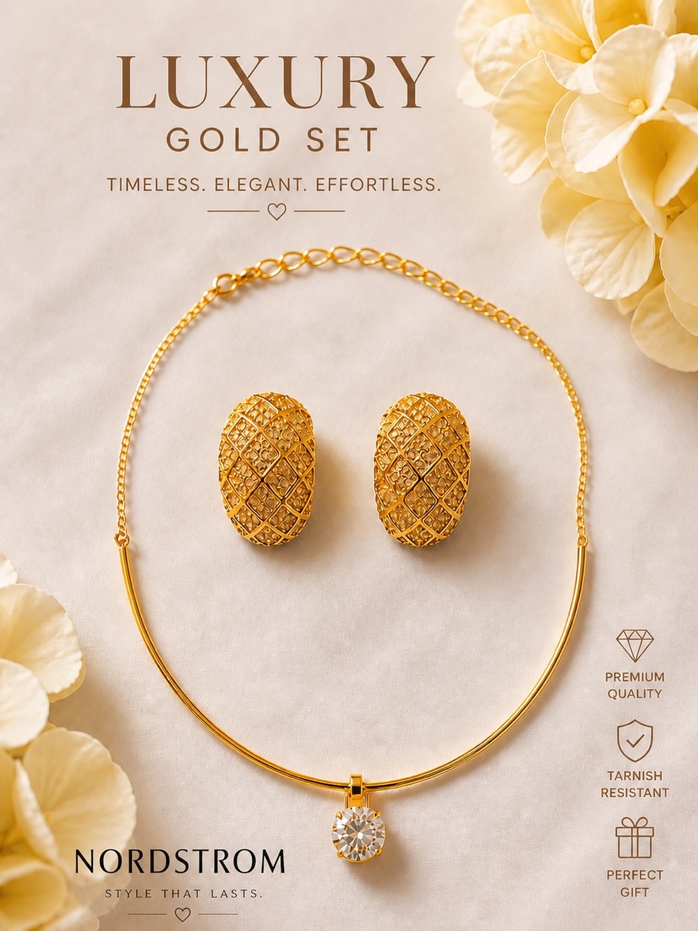 Nordstrom Gold Necklace and Earrings Set with Clear Pendant